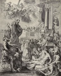 Wunder des Heiligen Franz Xaver; Heiliger Franz Xaver erweckt eine tote Person zum Leben (Kupferstich auf Büttenpapier)